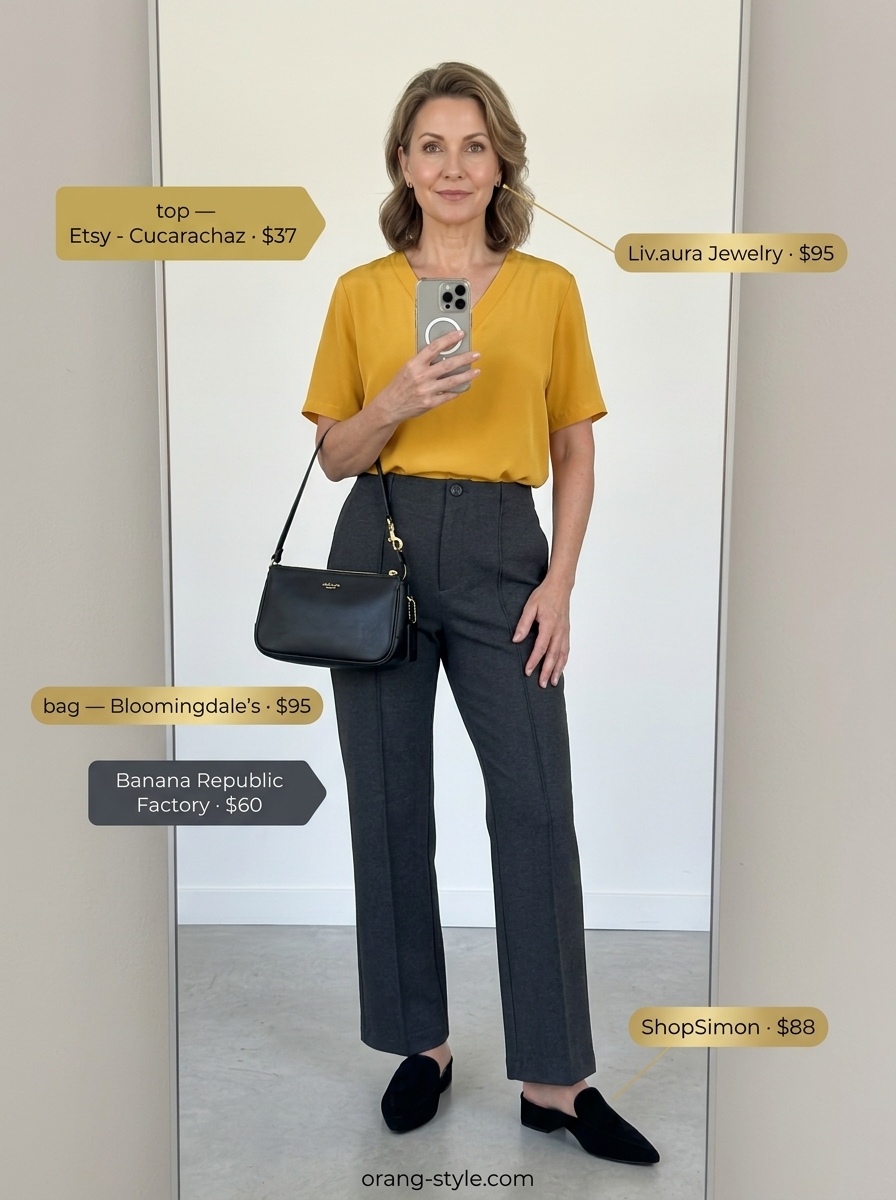 Chic summer outfit for women over 50 2026: Mustard yellow blouse, charcoal pants for gallery opening.