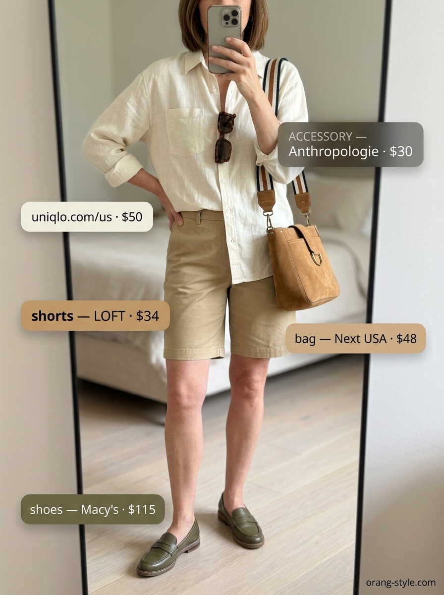Summer outfit for women over 50 2026: Khaki Bermuda shorts, cream linen shirt, loafers for garden party.