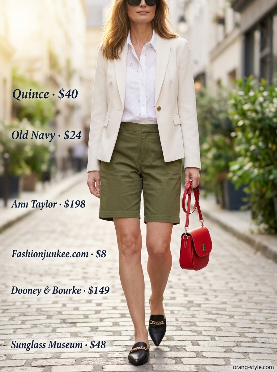 Chic summer outfit for women over 50 2026: Navy linen shorts, white button-down, and blazer for city sightseeing.