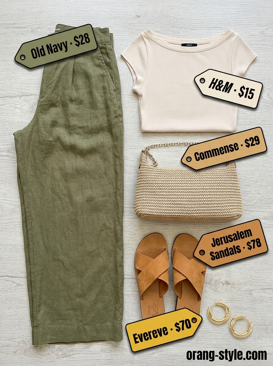 Sophisticated summer outfit for women over 50 2026: Sage green wide-leg pants and cream knit top for brunch.