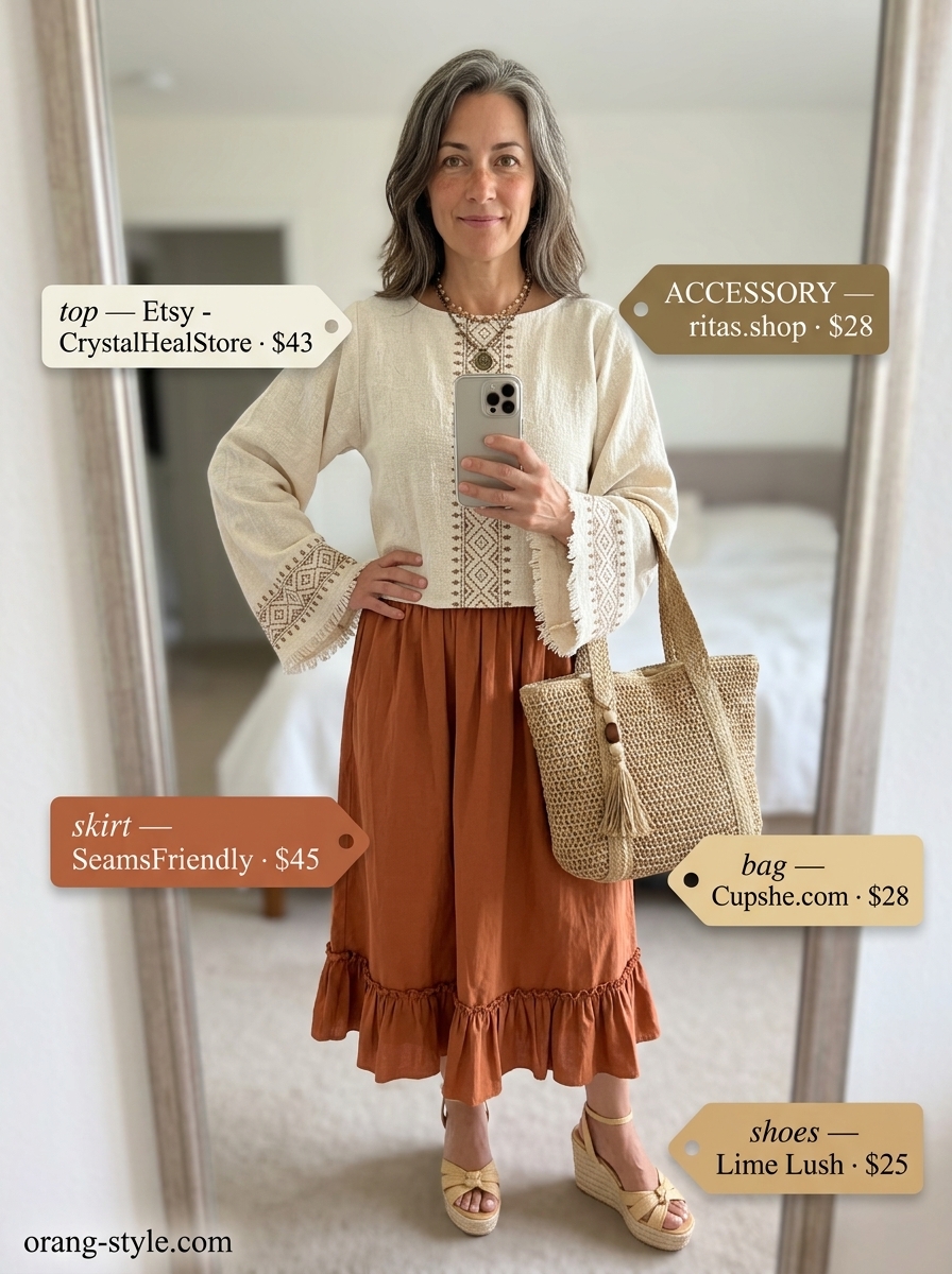 Bohemian summer outfit for women over 50 2026: Terracotta tiered skirt and ivory peasant blouse.