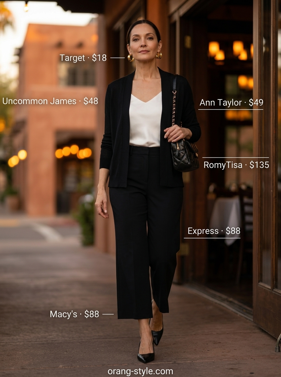 Elegant summer outfit for women over 50 2026: Black trousers, ivory cami, gold hoops for alfresco dinner.