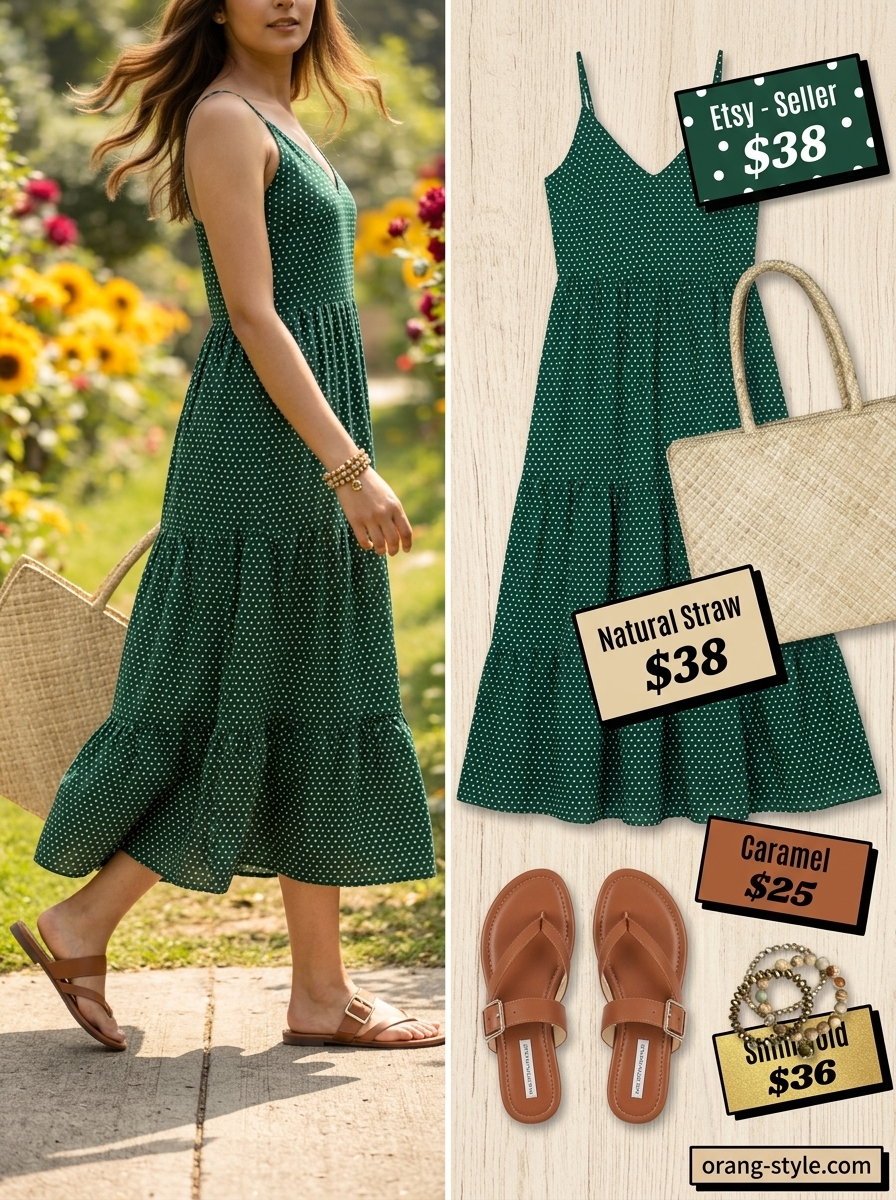 Olive green polka dot maxi dress with natural accessories for a boho summer look 2026.