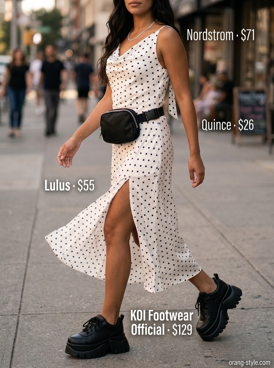 Olive green polka dot midi dress with chunky sneakers and a belt bag for a casual streetwear look 2026.