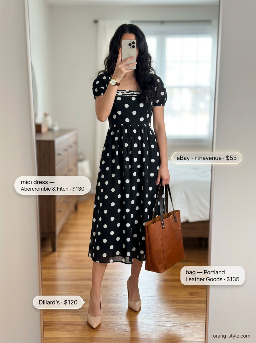 Chic black and white polka dot midi dress with camel accessories for a professional office look 2026.