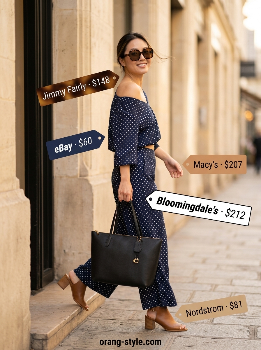 Navy blue polka dot wide-leg pants and cropped blouse set for a chic city outing outfit 2026.