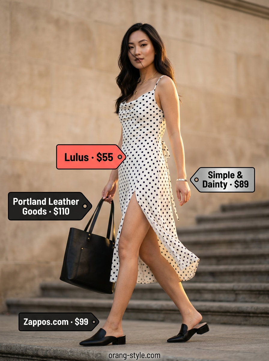 Minimalist beige polka dot midi dress with black accessories for a sophisticated smart casual look 2026.