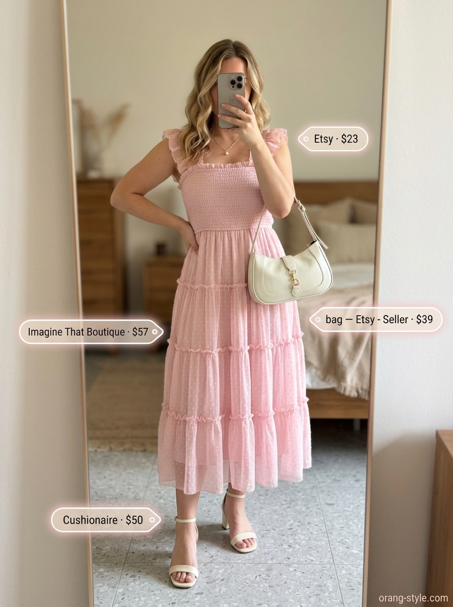 Soft pink polka dot midi dress with cream accessories for a romantic summer date outfit 2026.