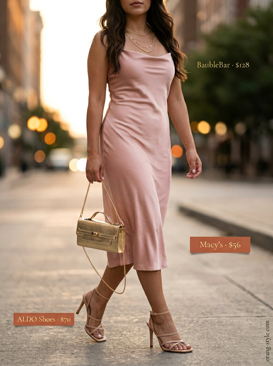 Blush pink polka dot satin slip dress with gold accessories for a romantic date night outfit 2026.