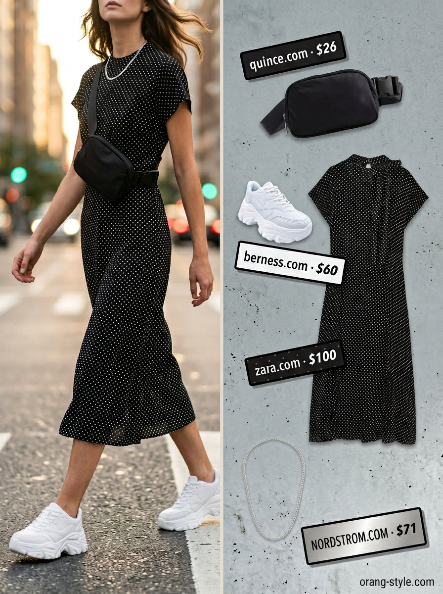 Black polka dot midi dress with chunky sneakers and belt bag for an urban street style look 2026.
