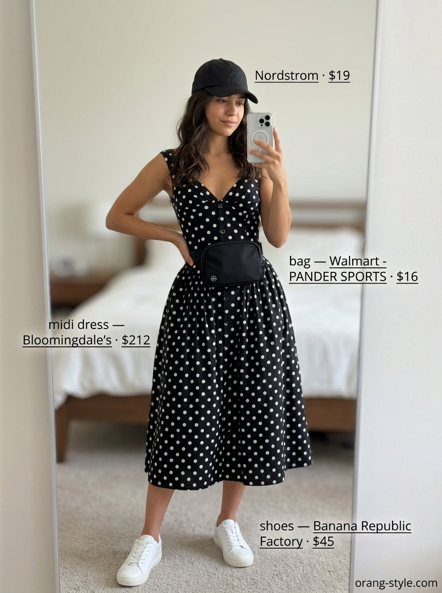 Casual cool black polka dot midi dress with sneakers, baseball cap, and belt bag. Summer polka dots midi outfits for women 2026.