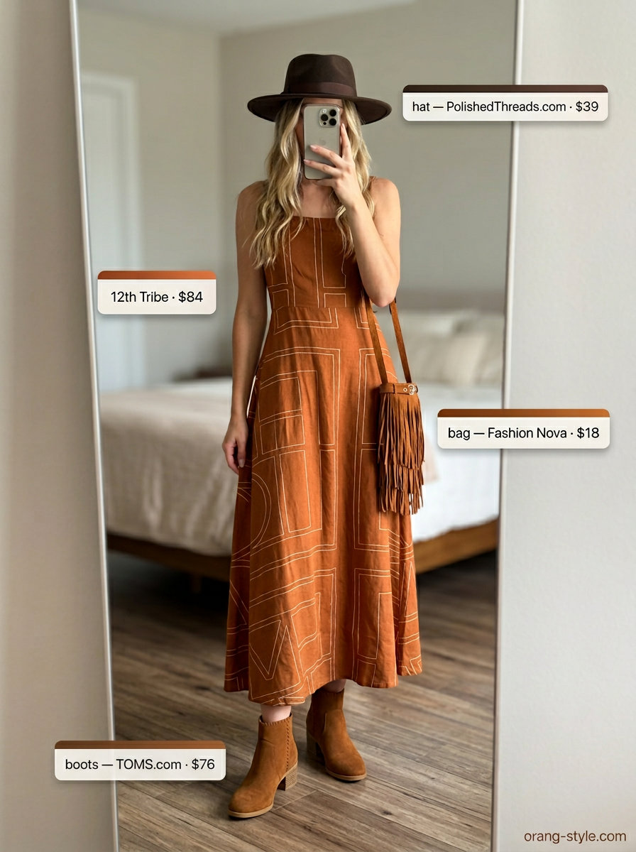 Boho festival outfit with rust orange polka dot midi dress, brown boots, wide-brim hat. Summer polka dots midi outfits for women 2026.