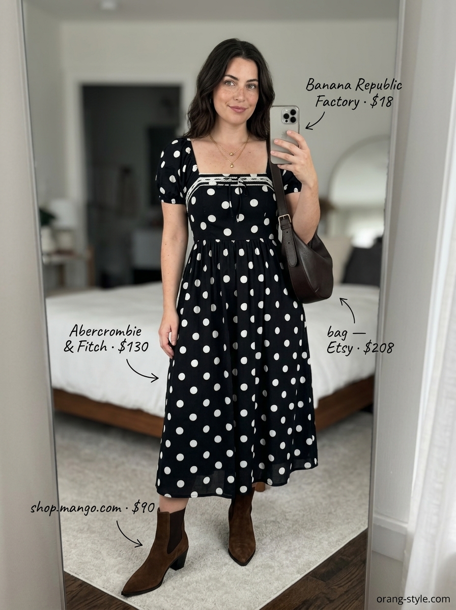 Cozy mustard yellow polka dot midi dress with suede boots and slouchy bag. Summer polka dots midi outfits for women 2026.