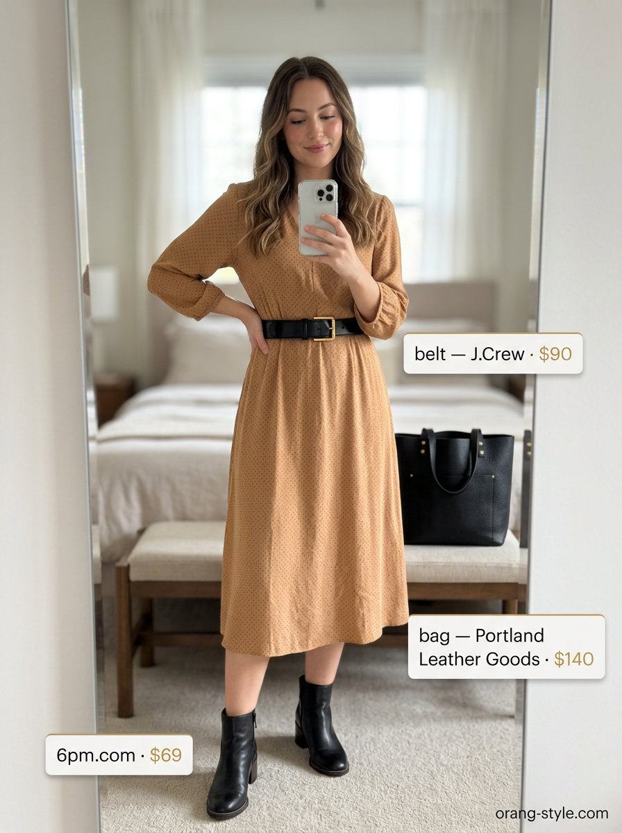 Chic travel jumpsuit outfit with polka dot midi dress, black boots, leather belt, and tote. Summer polka dots midi outfits for women 2026.