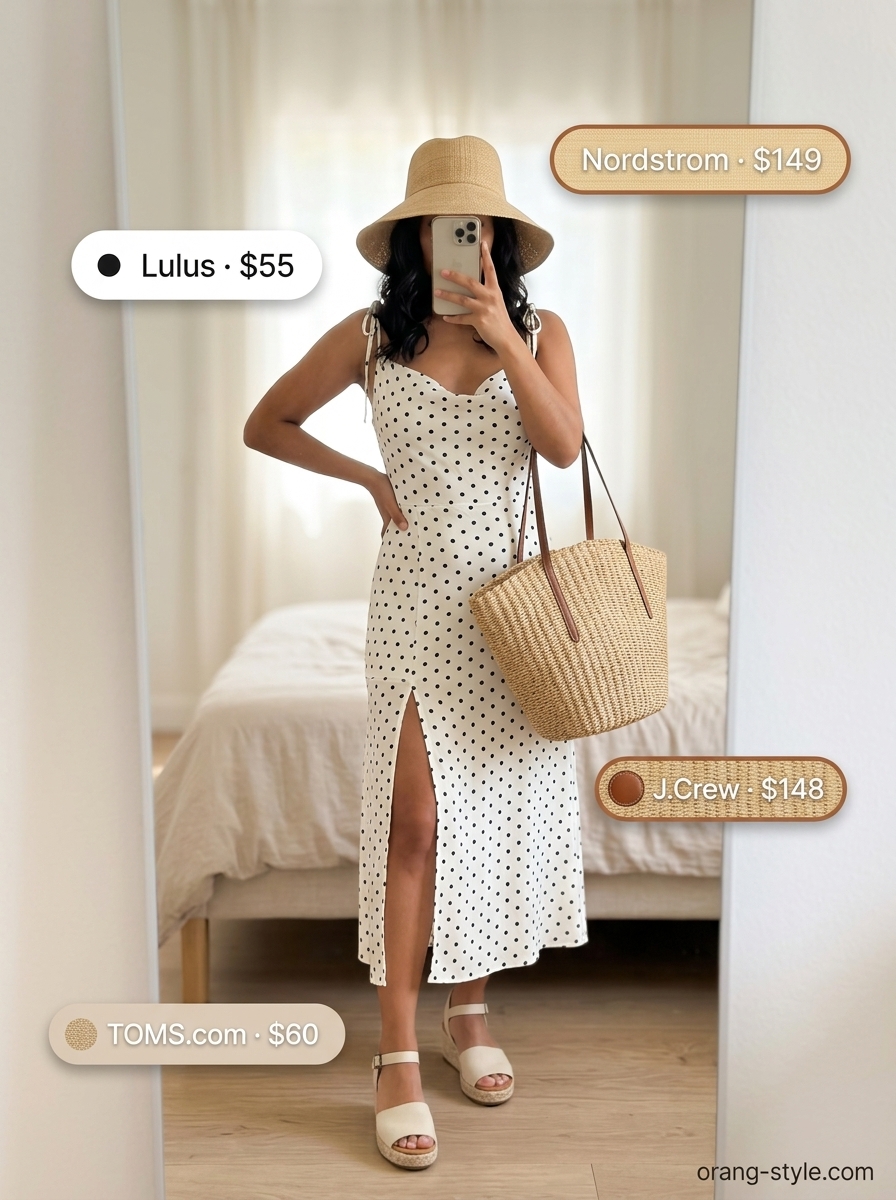 Relaxed sky blue polka dots midi dress with espadrilles and straw hat for vacation in summer 2026.