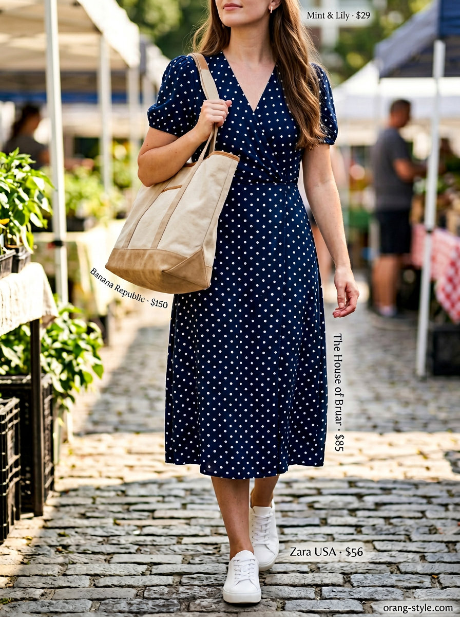 Playful navy polka dots wrap midi dress with sneakers and canvas tote for picnics in summer 2026.