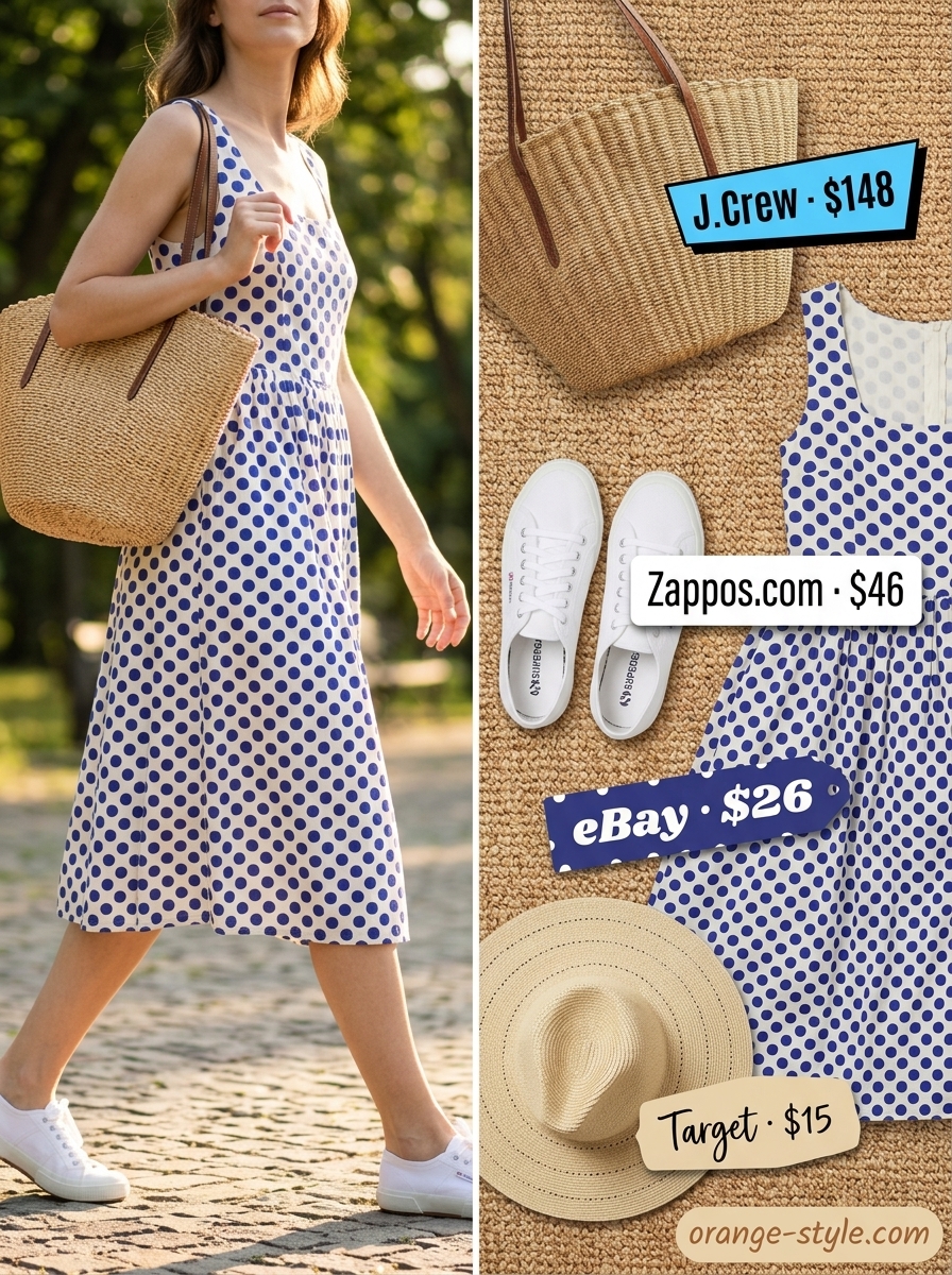 Sweet sky blue polka dots midi dress with canvas sneakers and straw hat for picnics in summer 2026.