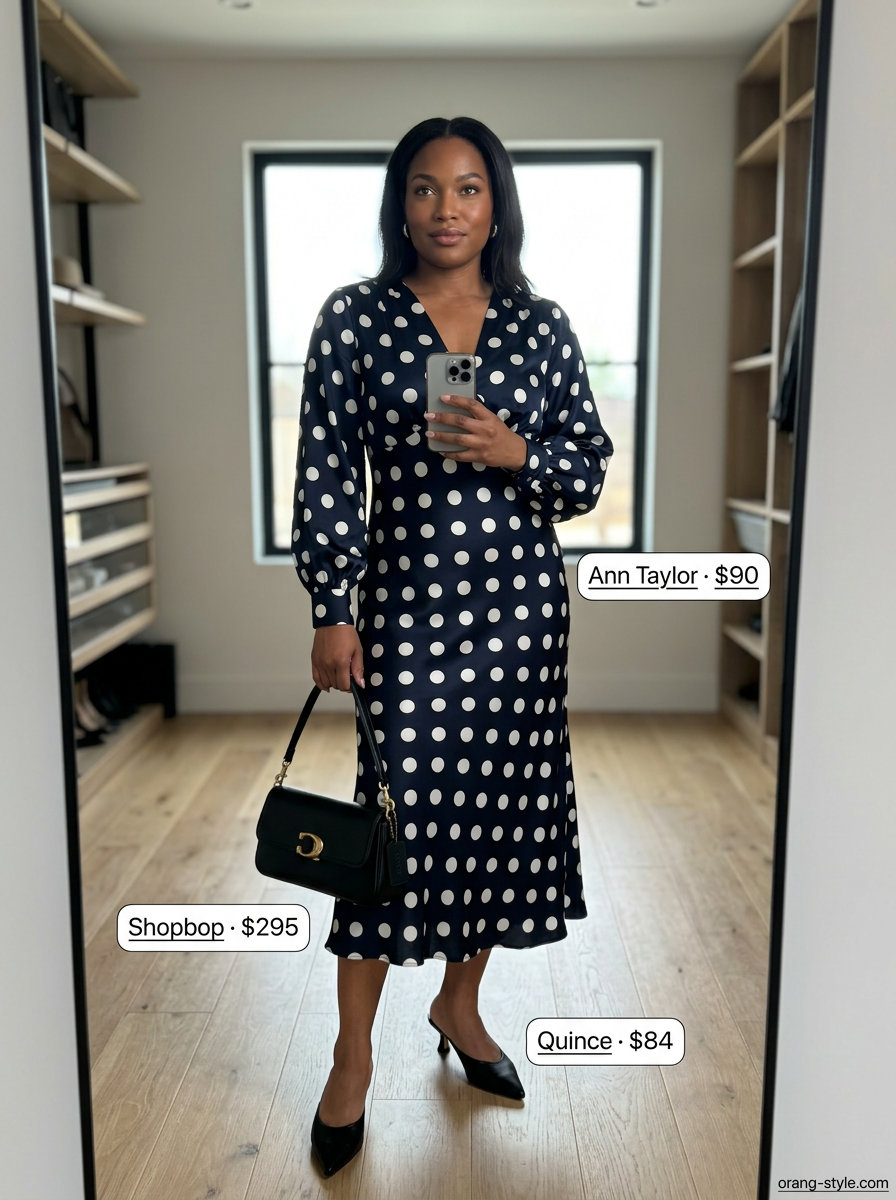 Modern power suit with forest green blazer, cream top, and polka dot midi dress. Summer polka dots midi outfits for women 2026.