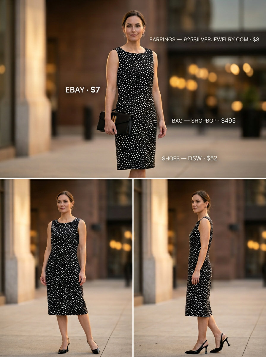 Modern minimalist black polka dot midi sheath dress with heels and clutch. Summer polka dots midi outfits for women 2026.