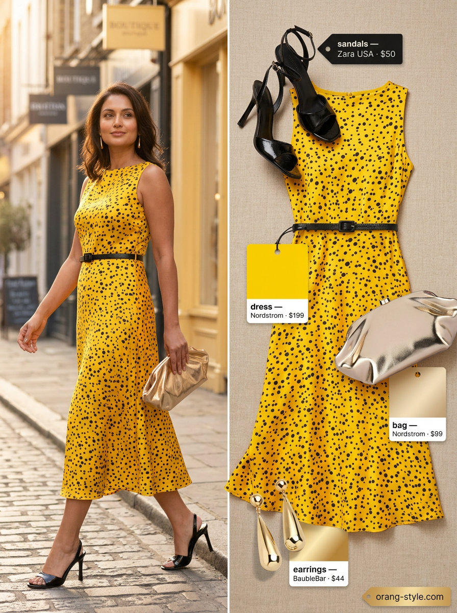 Glamorous golden yellow polka dot midi slip dress with strappy heels and statement earrings. Summer polka dots midi outfits for women 2026.