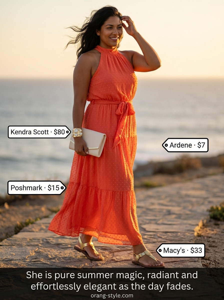 Glamorous coral polka dots maxi dress with gold cuff and metallic sandals for summer evenings 2026.