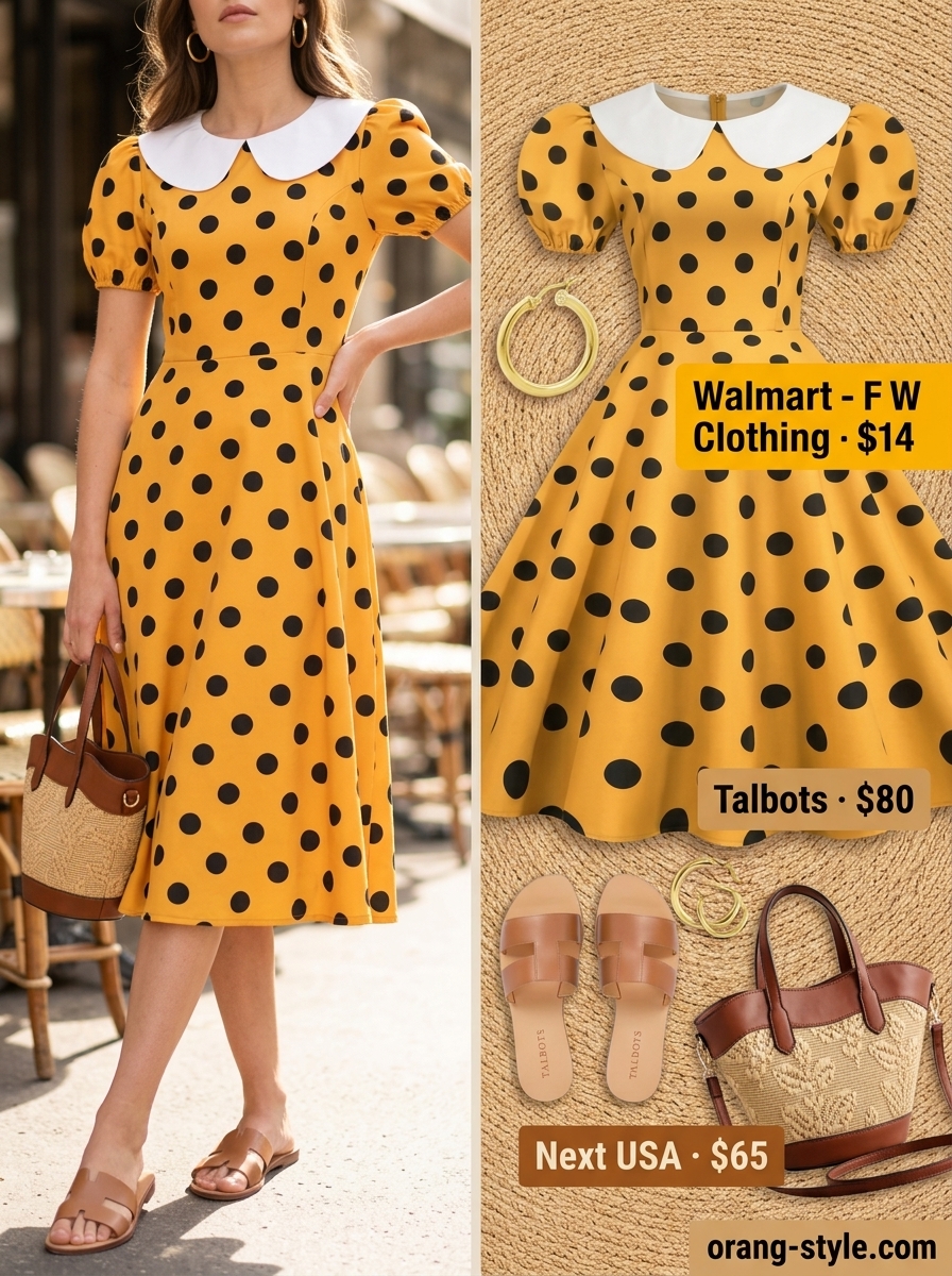 Vibrant yellow polka dots midi dress with tan slide sandals and raffia crossbody for summer brunch 2026.
