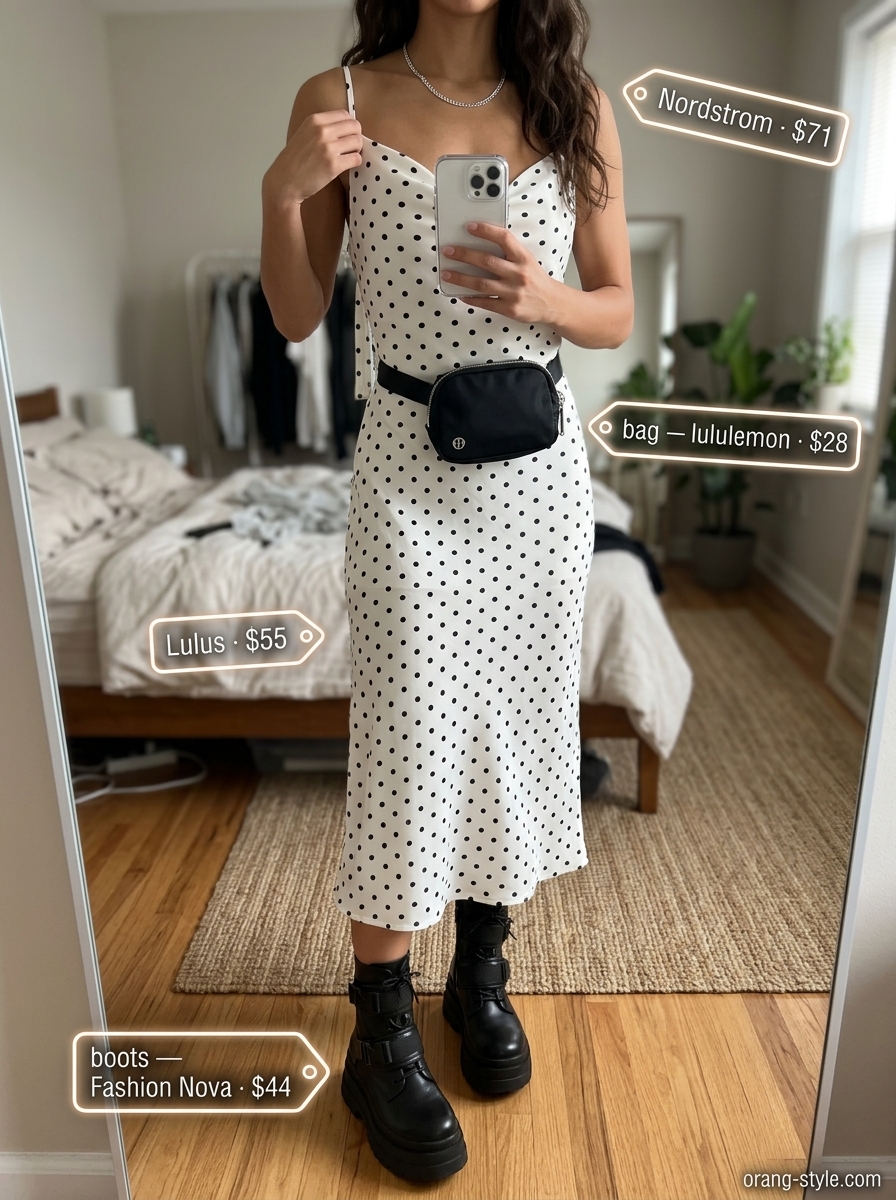 Edgy olive green polka dots midi dress with combat boots and belt bag for urban streetwear 2026.