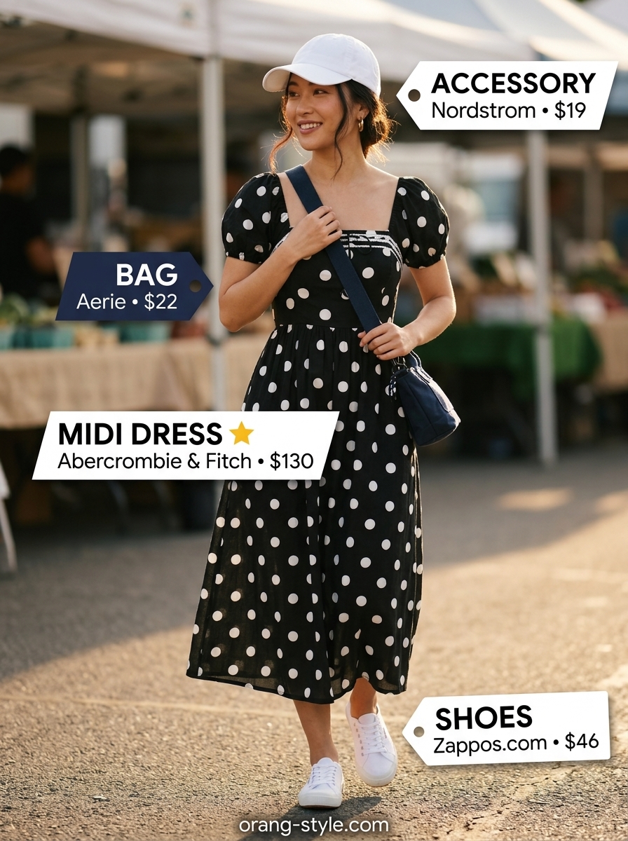 Casual denim blue polka dots midi dress with canvas sneakers and baseball cap for summer 2026.