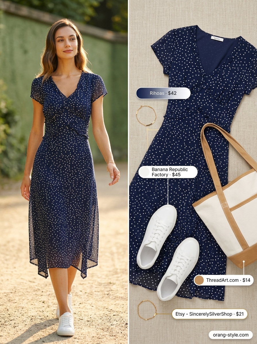 Picnic perfect sky blue polka dot midi wrap dress with sneakers and canvas tote. Summer polka dots midi outfits for women 2026.