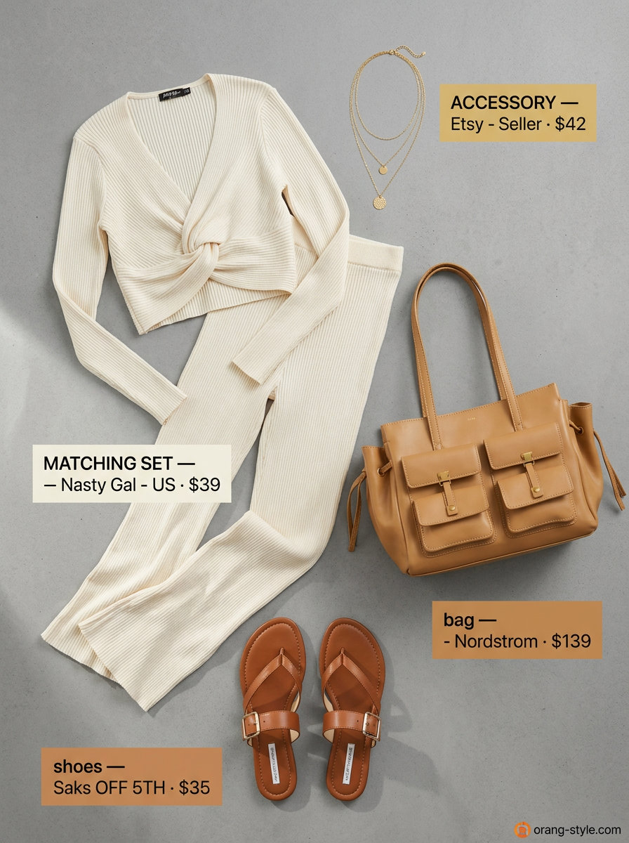 Chic co-ord set outfit for summer road trip 2026: cream knit set, tote bag, and flat sandals.