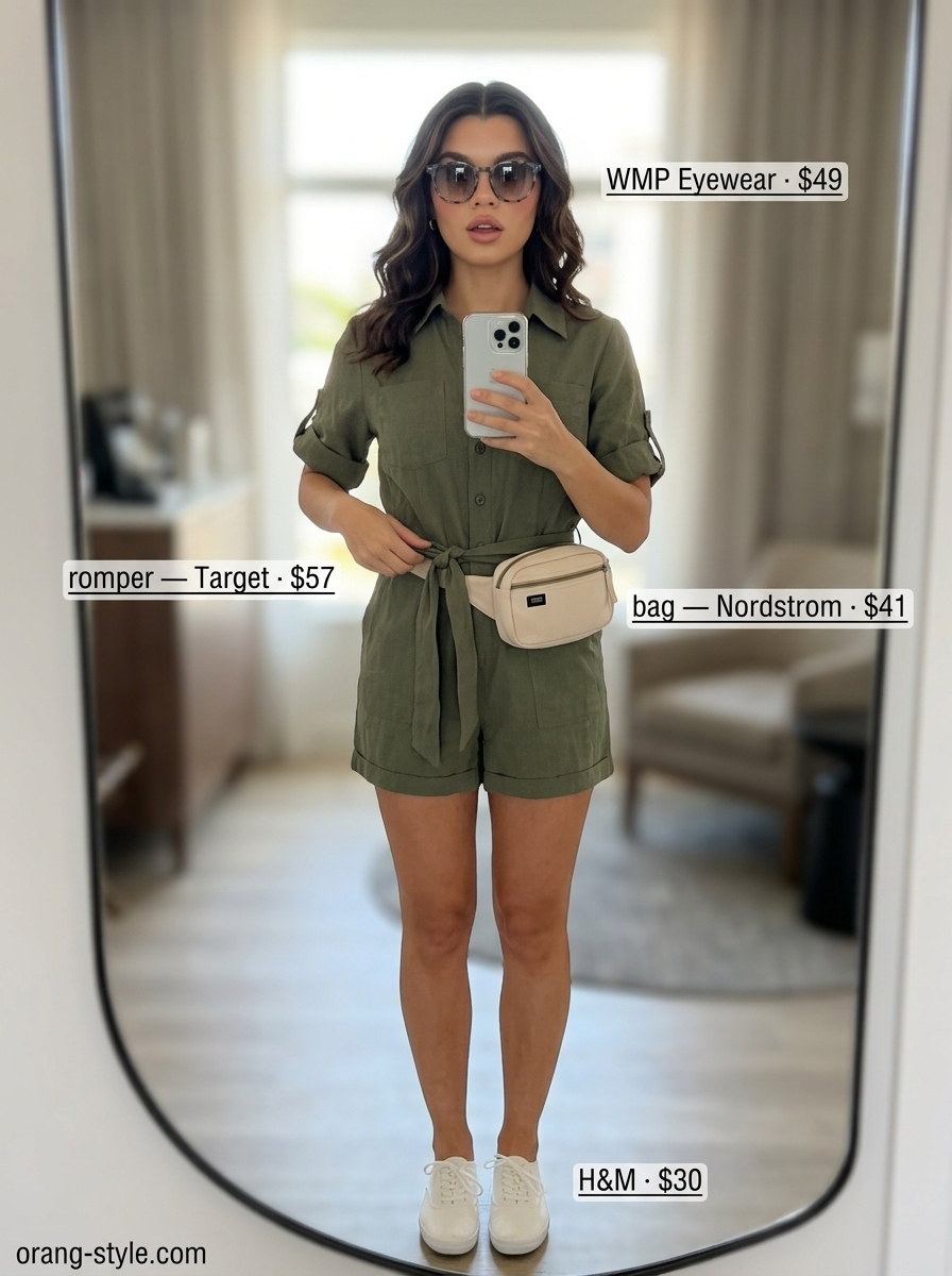 Olive green utility romper for summer road trip outfits for women 2026. Chic casual look with white sneakers and tan belt bag.