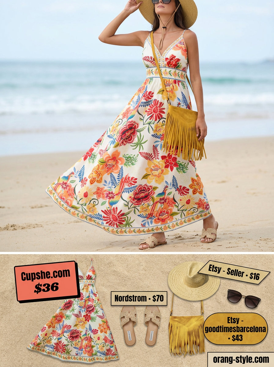 Floral maxi dress for summer road trip outfits for women 2026. Bohemian sightseeing style.