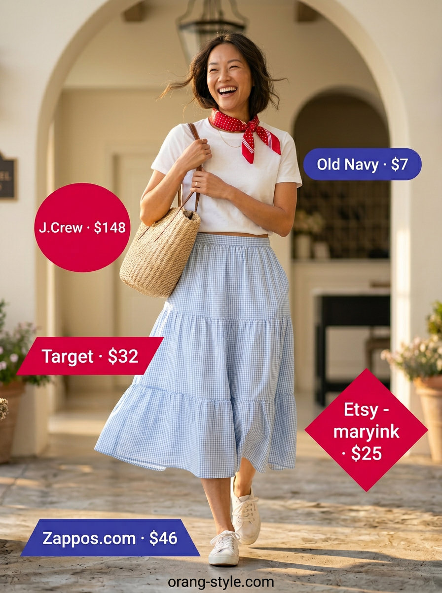 Light blue gingham skirt outfit for summer road trip outfits for women 2026. Picnic perfect casual look.