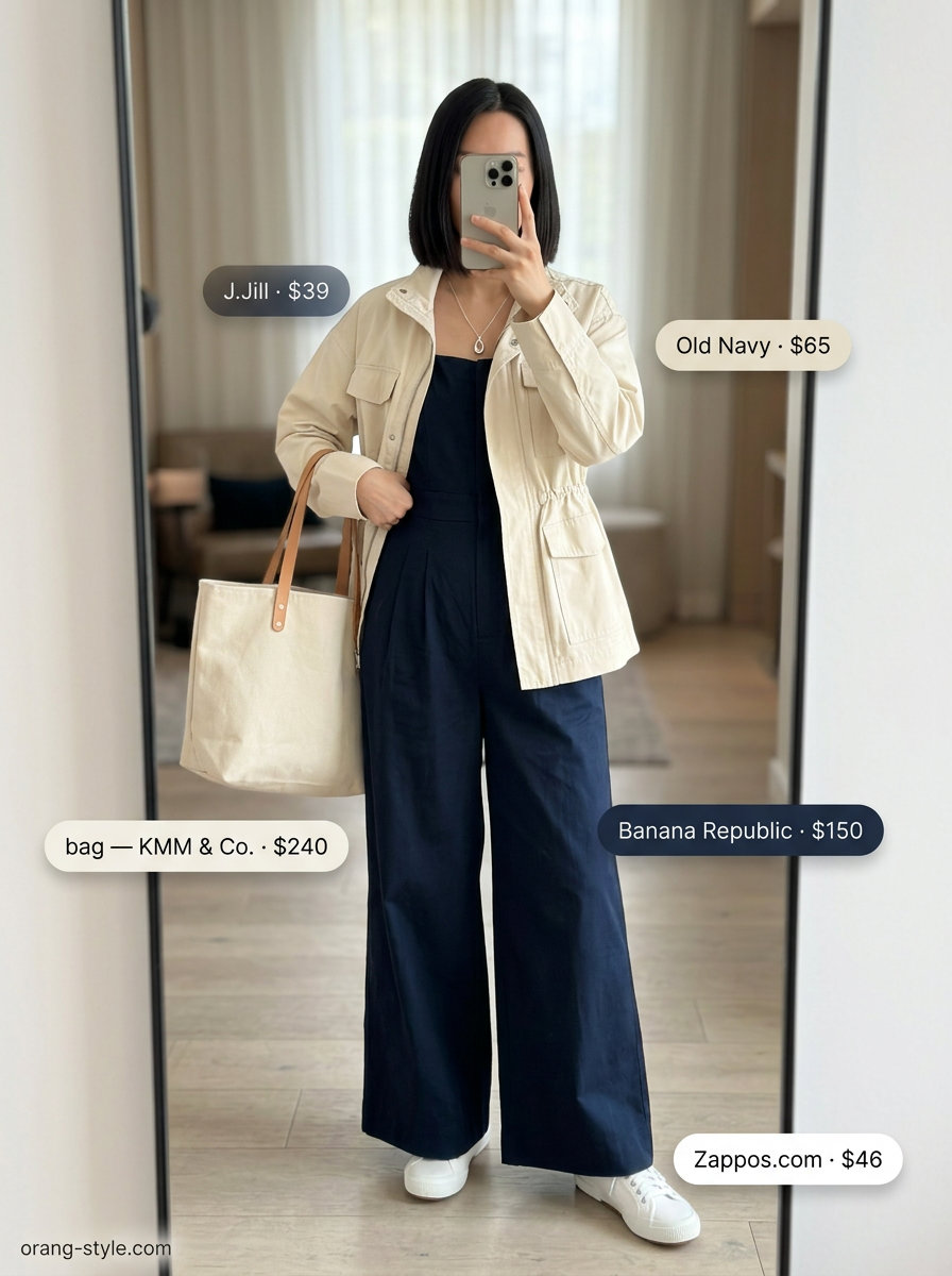 Navy wide-leg jumpsuit for summer road trip outfits for women 2026. Chic and comfortable travel style with canvas tote.