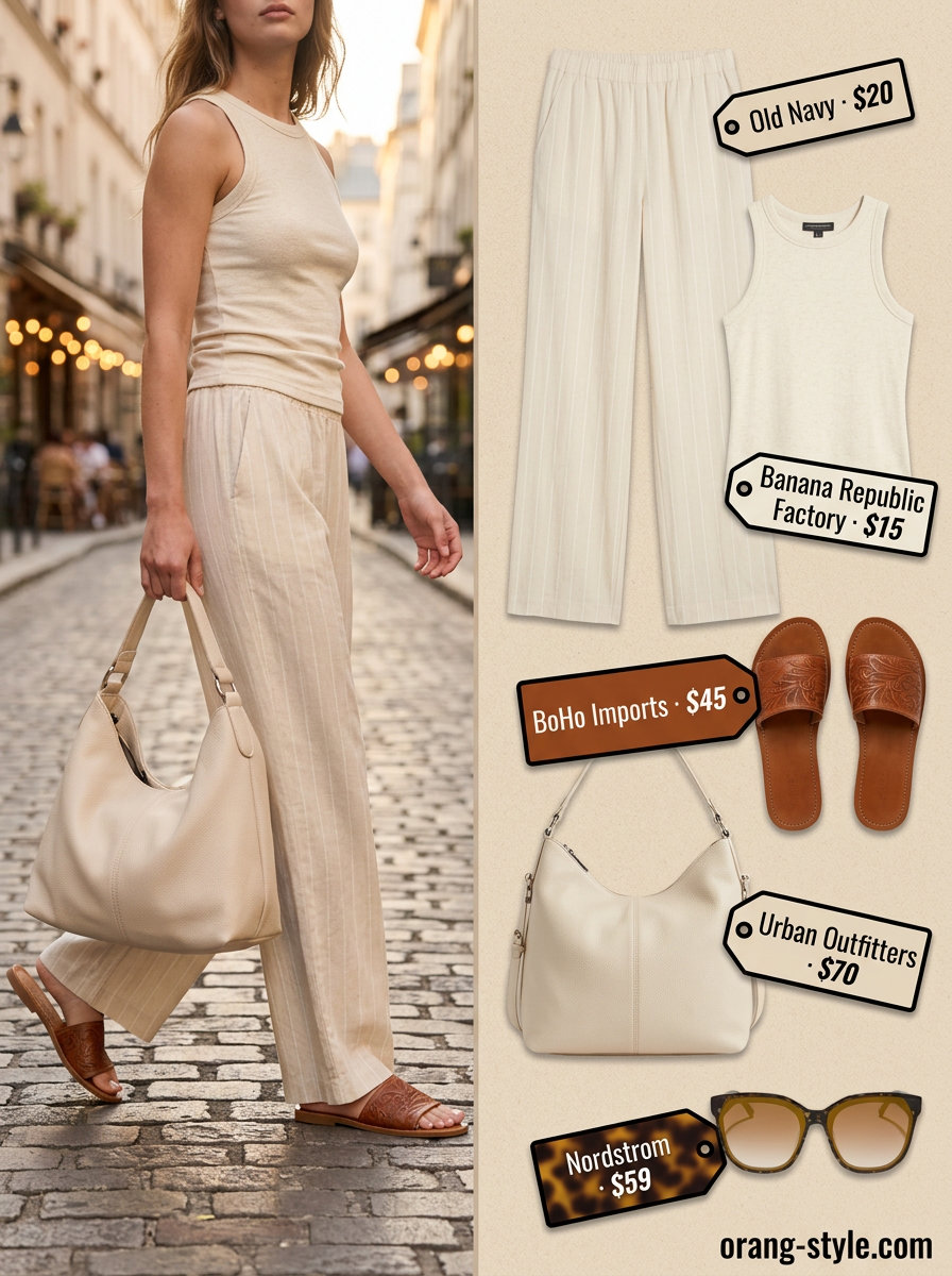 Desert highway breeze linen pants outfit for summer road trip 2026: linen pants, tank top, and sunglasses.