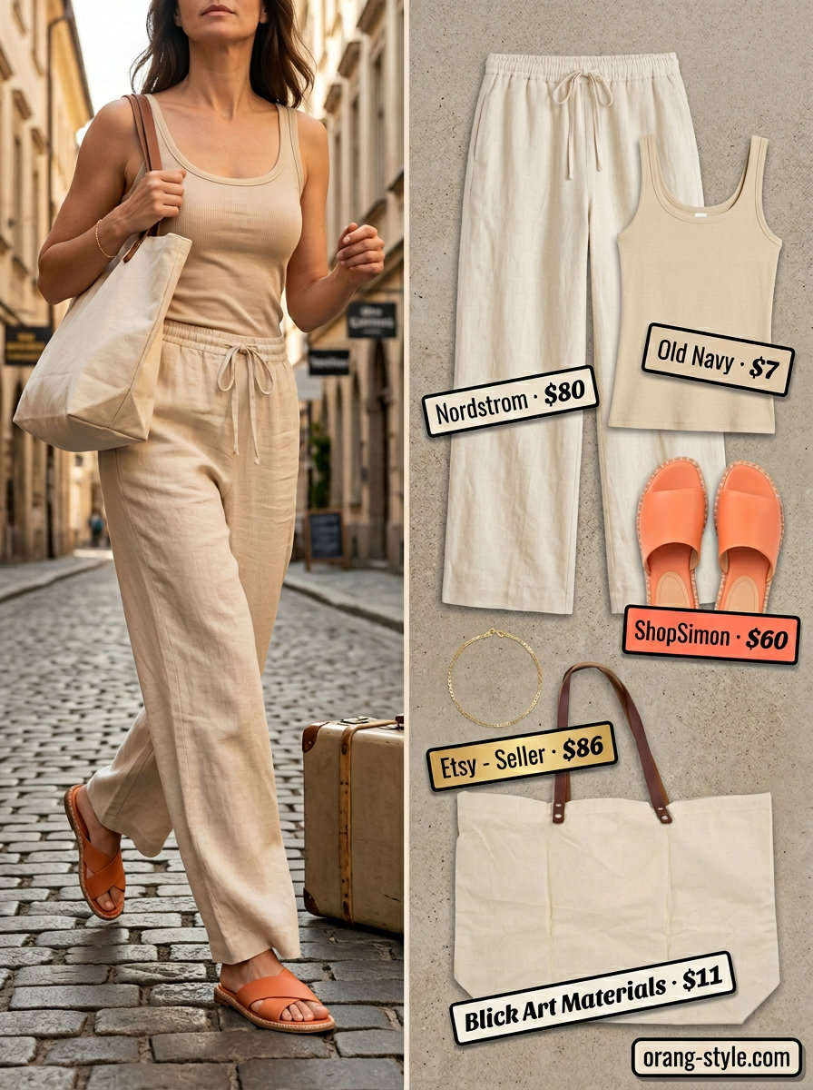 Cream tank top with linen pants for summer road trip outfits for women 2026. Coastal highway style.