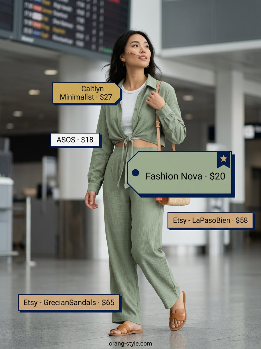 Sage green linen matching set for summer road trip outfits for women 2026. Chic and relaxed travel style with slides.