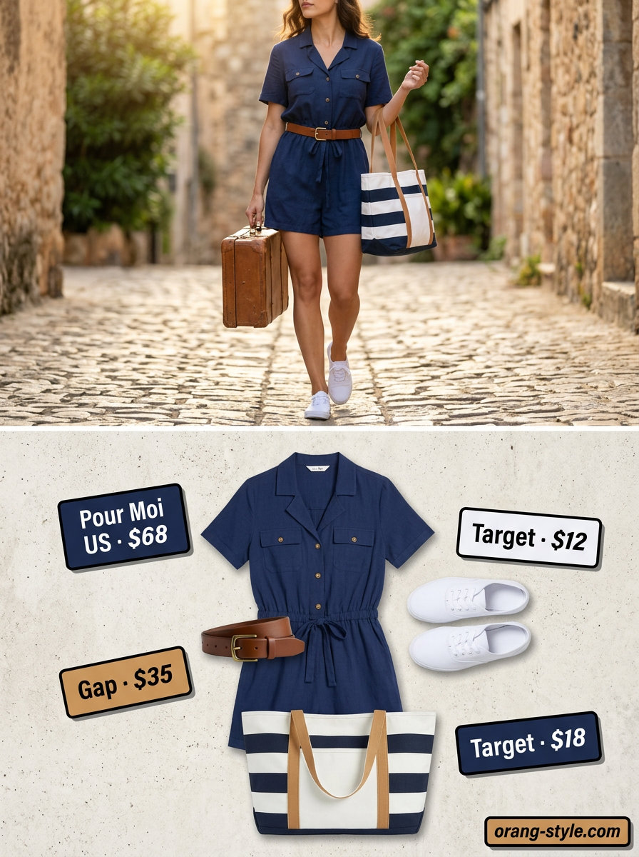 Navy blue romper with white sneakers & tan belt for summer road trip outfits for women 2026. Casual day out style.