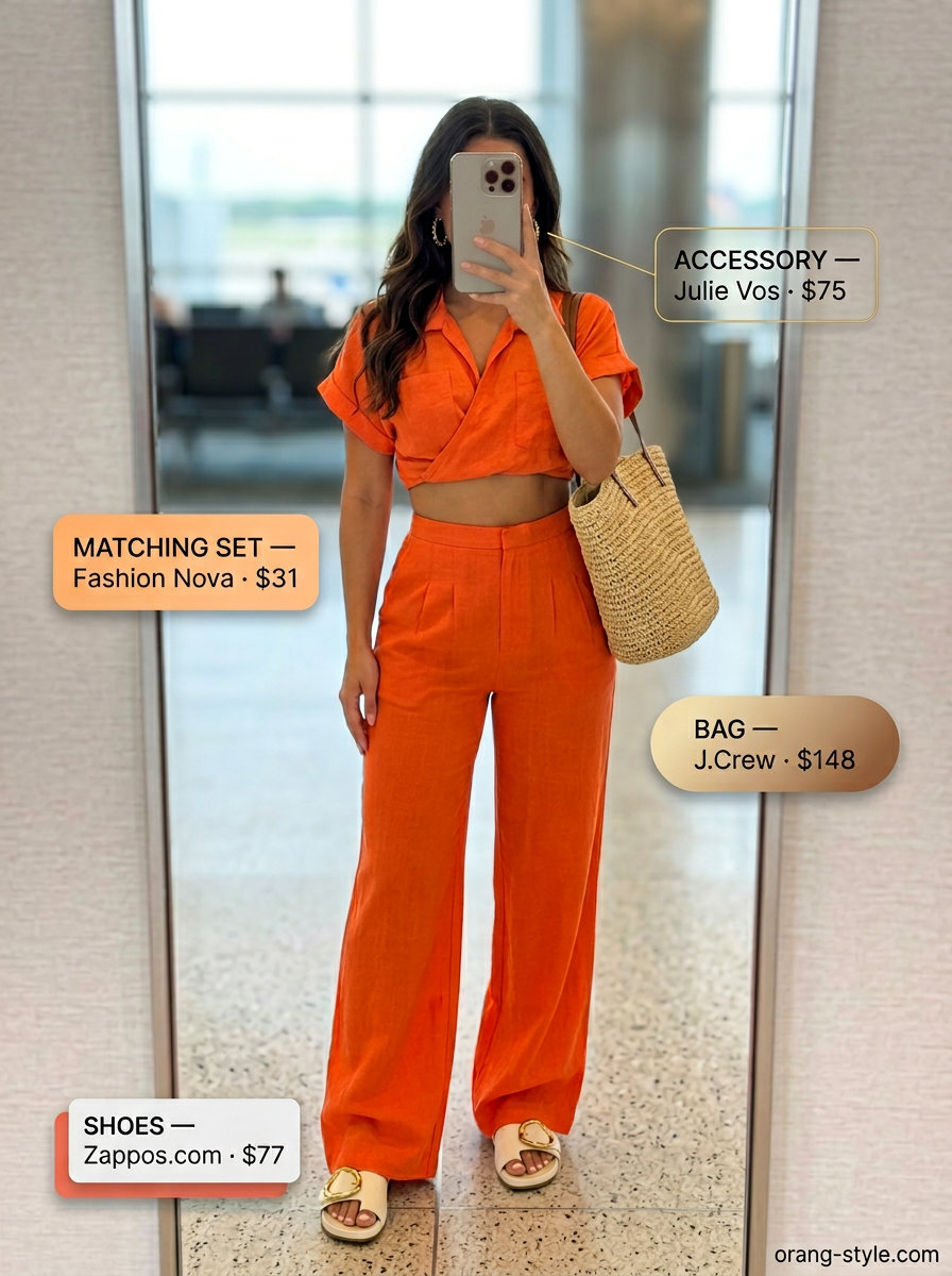 Bright orange linen matching set for summer road trip outfits for women 2026. Sunny and vibrant travel style with straw tote.