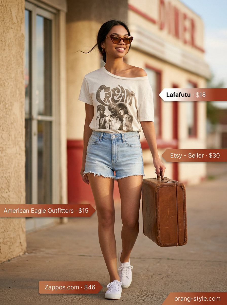 Light wash denim shorts and graphic tee for summer road trip outfits for women 2026. Retro diner style with canvas tote.