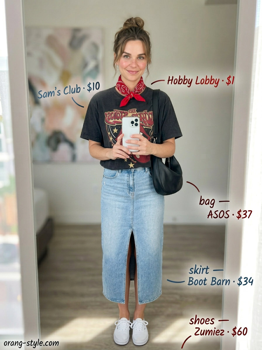 Vintage Route 66 denim skirt outfit for summer road trip 2026: graphic tee, denim midi skirt, and sneakers.