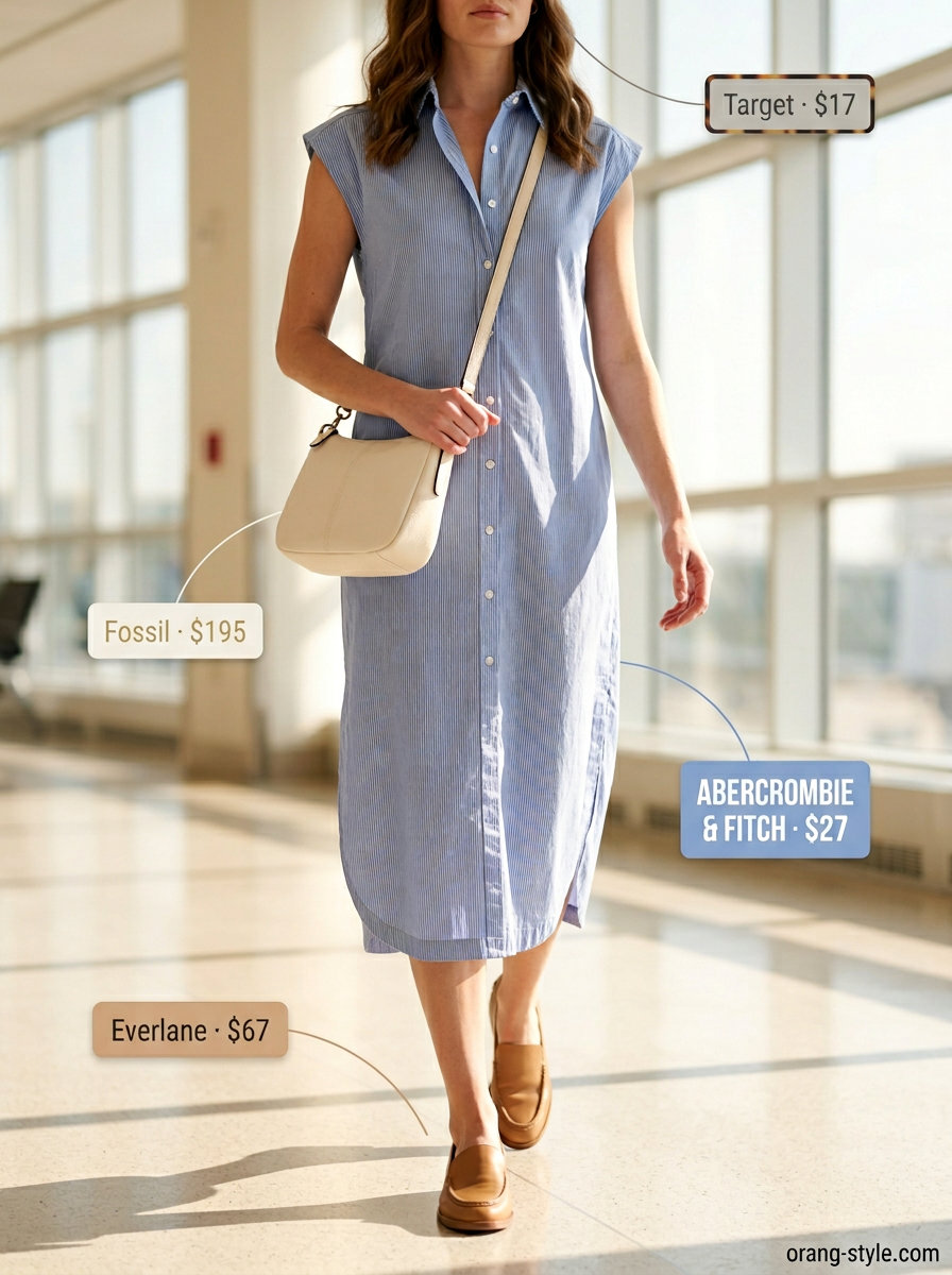 Light blue shirt dress outfit for summer road trip outfits for women 2026. Effortless travel style.