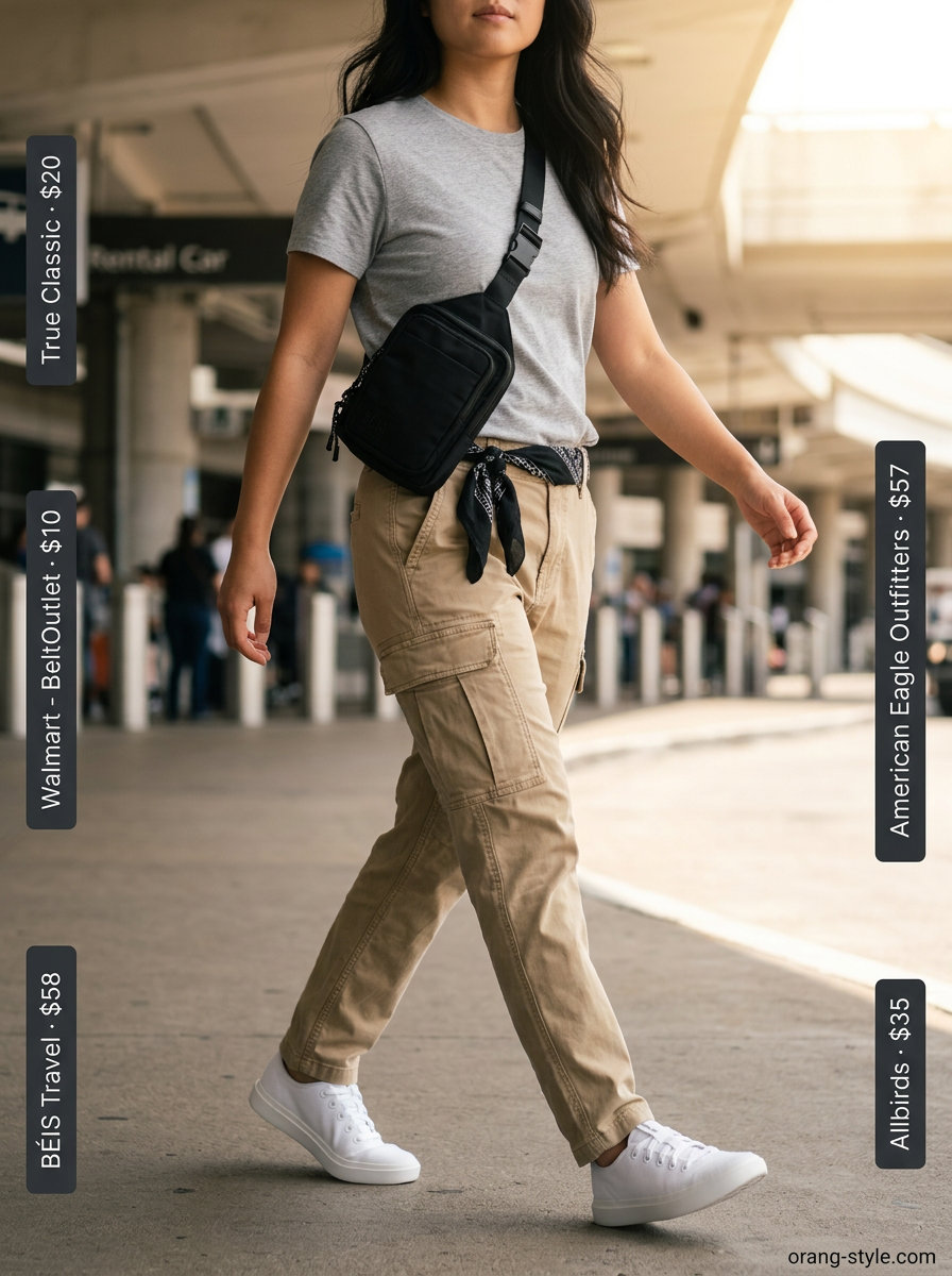 Khaki cargo pants and t-shirt for summer road trip outfits for women 2026. Comfortable travel look with crossbody bag.