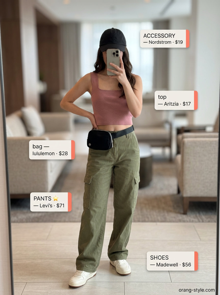 Khaki cargo pants outfit for summer road trip outfits for women 2026. Trendy urban look with black tank and belt bag.