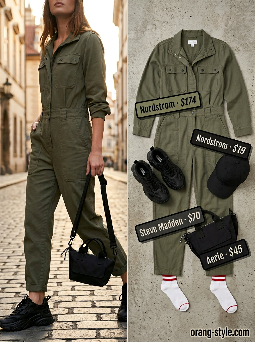 Olive green utility jumpsuit for summer road trip outfits for women 2026. Practical chic travel look.