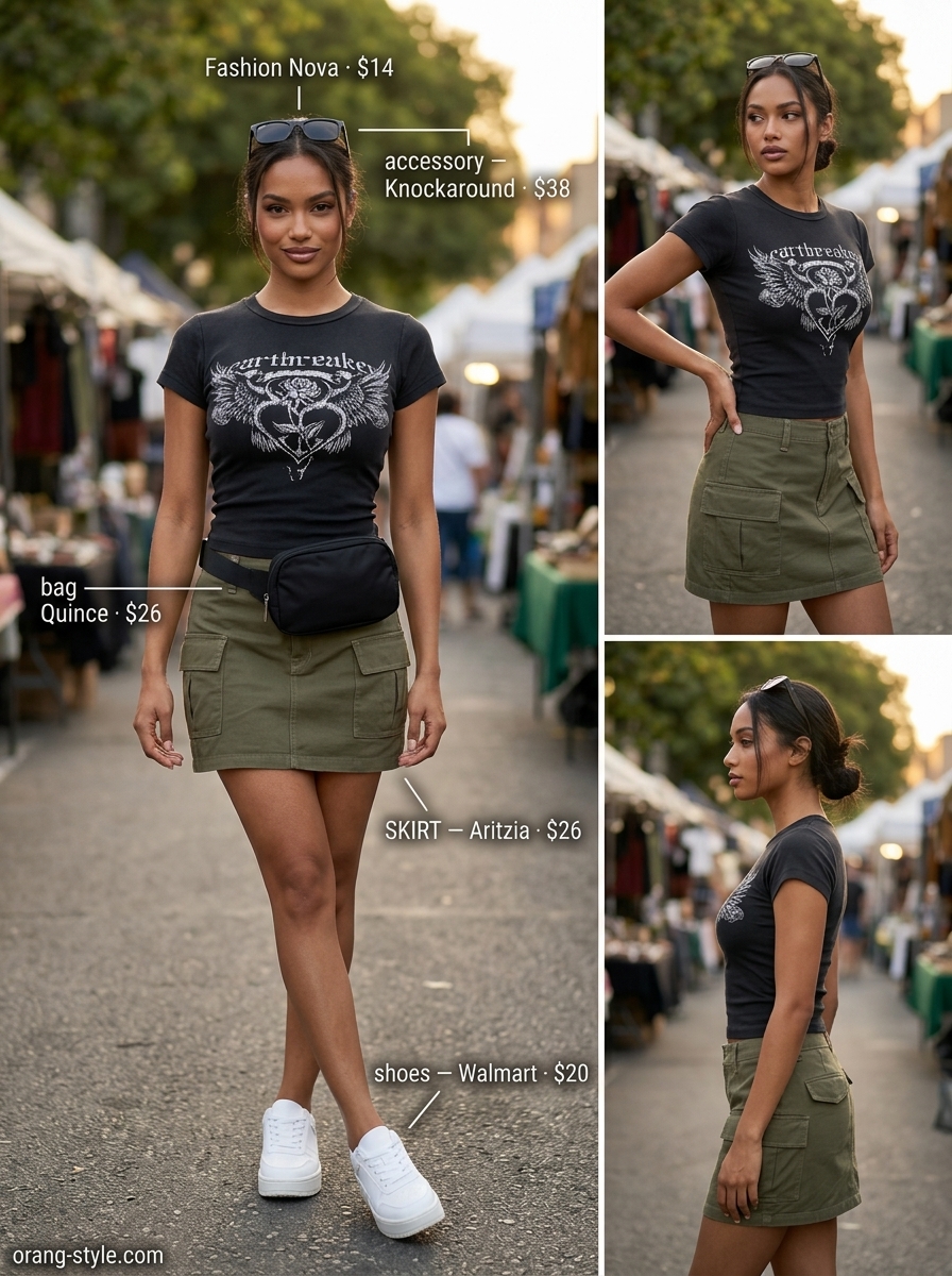 Khaki utility cargo skirt outfit for outdoor markets or casual exploration in 2026.