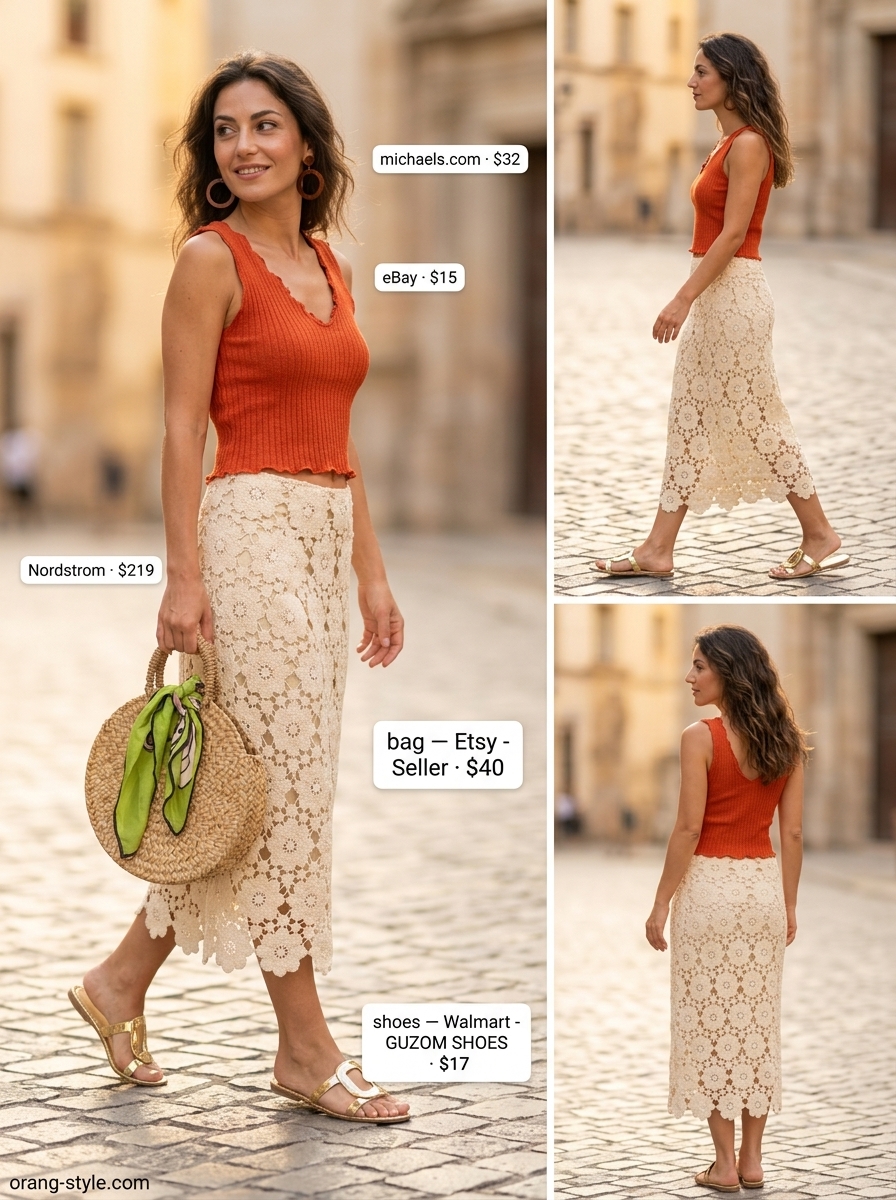 Natural beige crochet skirt outfit for beach resorts or casual dinners in 2026.