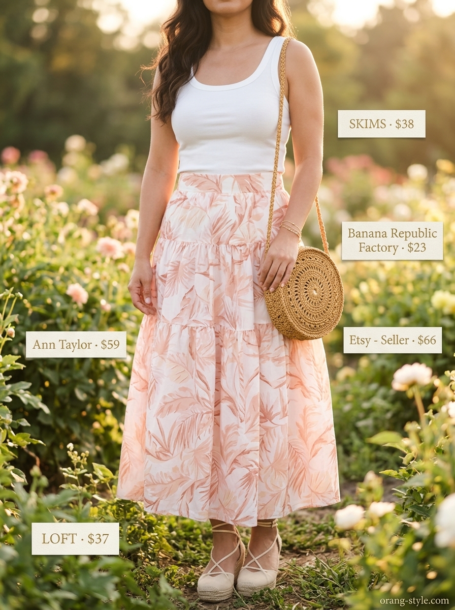 Bohemian summer skirt outfit 2026: Blush pink floral maxi skirt, cream tank, espadrilles for garden party.