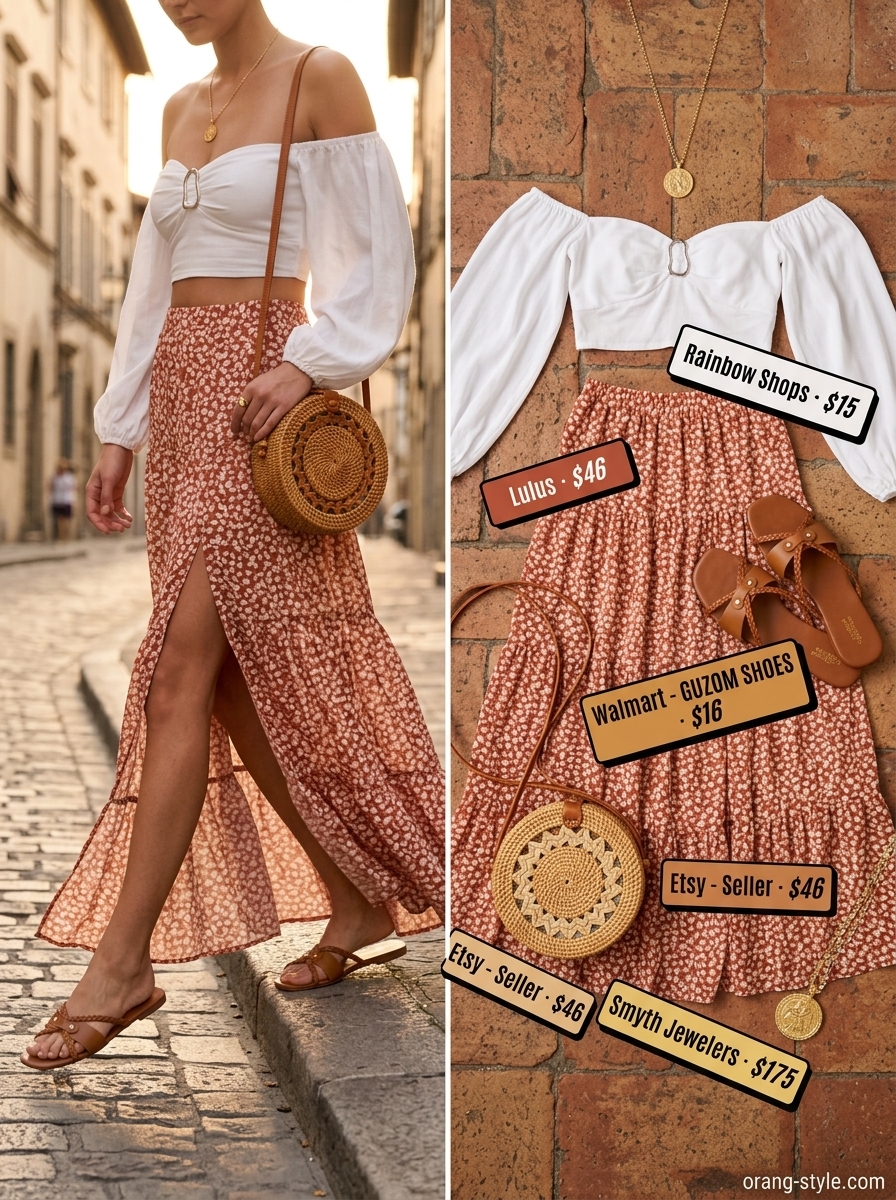 Bohemian summer skirt outfit 2026: Terracotta floral maxi skirt, ivory off-shoulder top for festival.