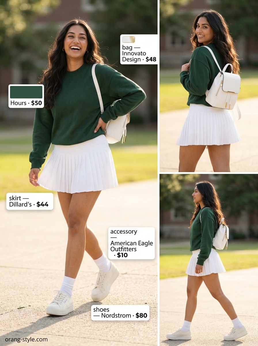 White pleated tennis skirt outfit for campus style or sporty brunch in 2026.